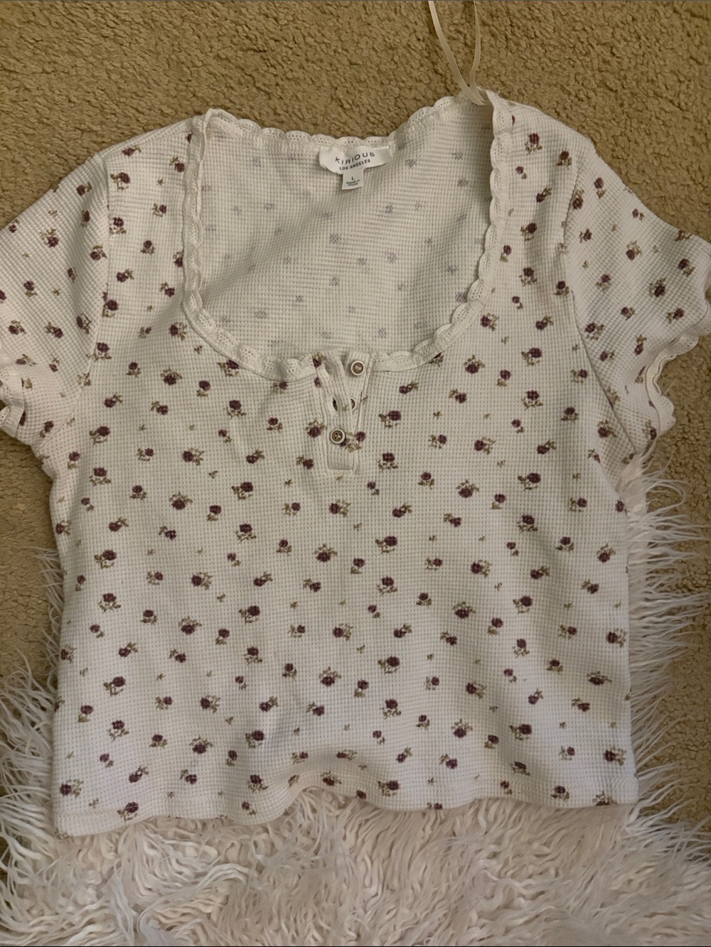 Kickers White Cropped Waffle Knit Top with Mauve Floral Print
